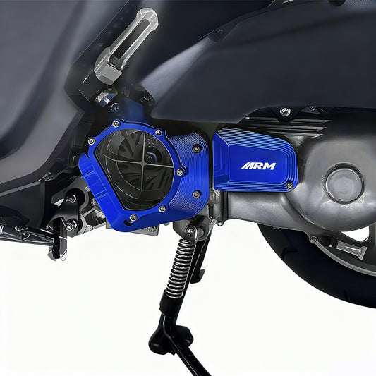 Side view of the Yamaha AEROX 155 with the CNC engine cover installed