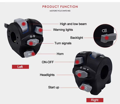 Universal LED Motorcycle Handlebar Switches with Turn Signal Horn Control - Motocircuit