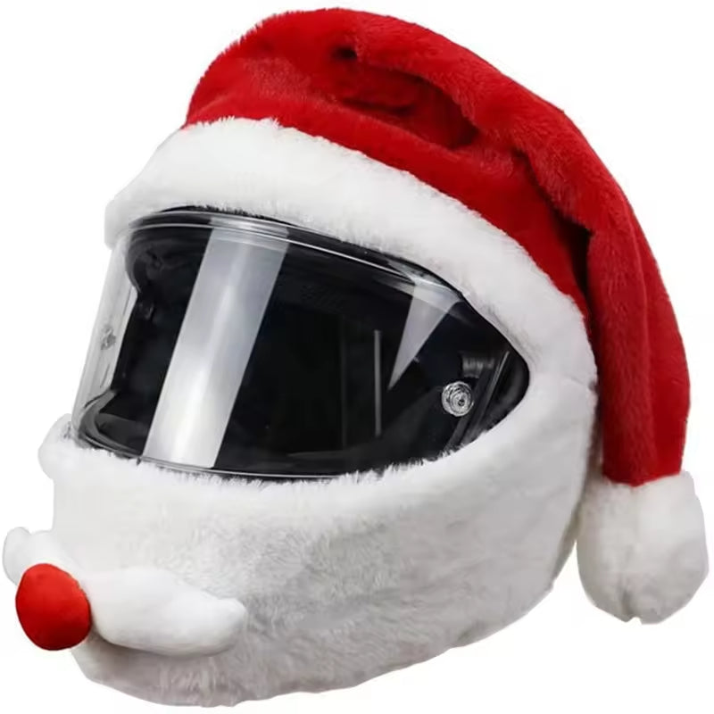 Red full-face motorcycle helmet Christmas decorative cover on display