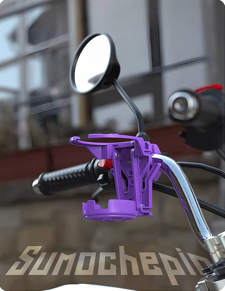 Universal folding cup holder mounted on a scooter during a city ride