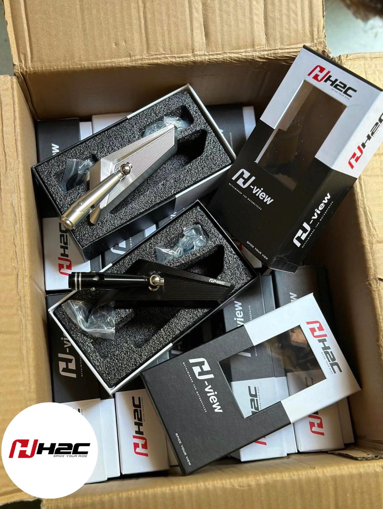 Packaging of H2C Rearview Mirror, highlighting secure retail-ready box for wholesale orders