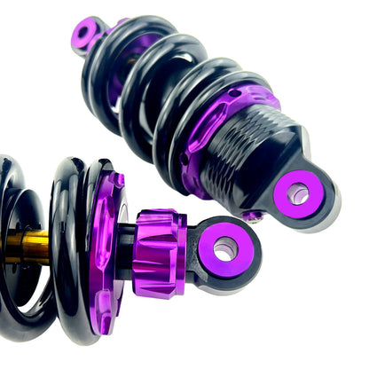 Close-up of the Motocircuit shock absorber's high-strength, rust-proof housing and precision welding details.