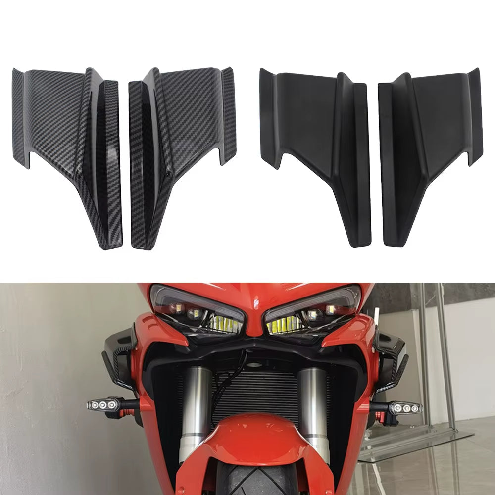 Main image of a universal carbon fiber motorcycle side spoiler, showing the installation effect and carbon fiber texture.