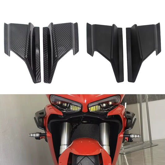 Main image of a universal carbon fiber motorcycle side spoiler, showing the installation effect and carbon fiber texture.